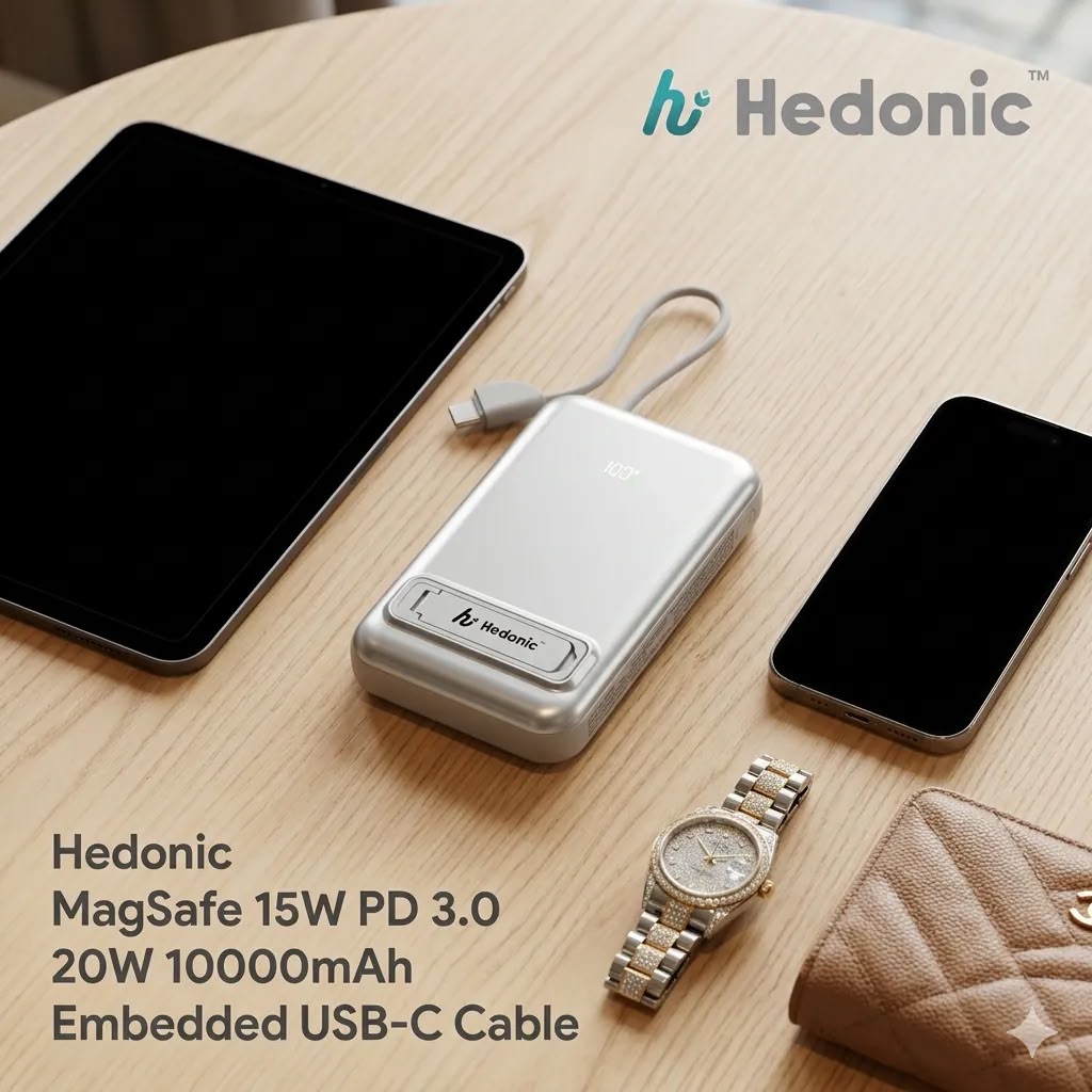 Hedonic 10000mah MagSafe 15W + PD 20W 自帶線支架行動電源 （CCC+Qrcode認證） 