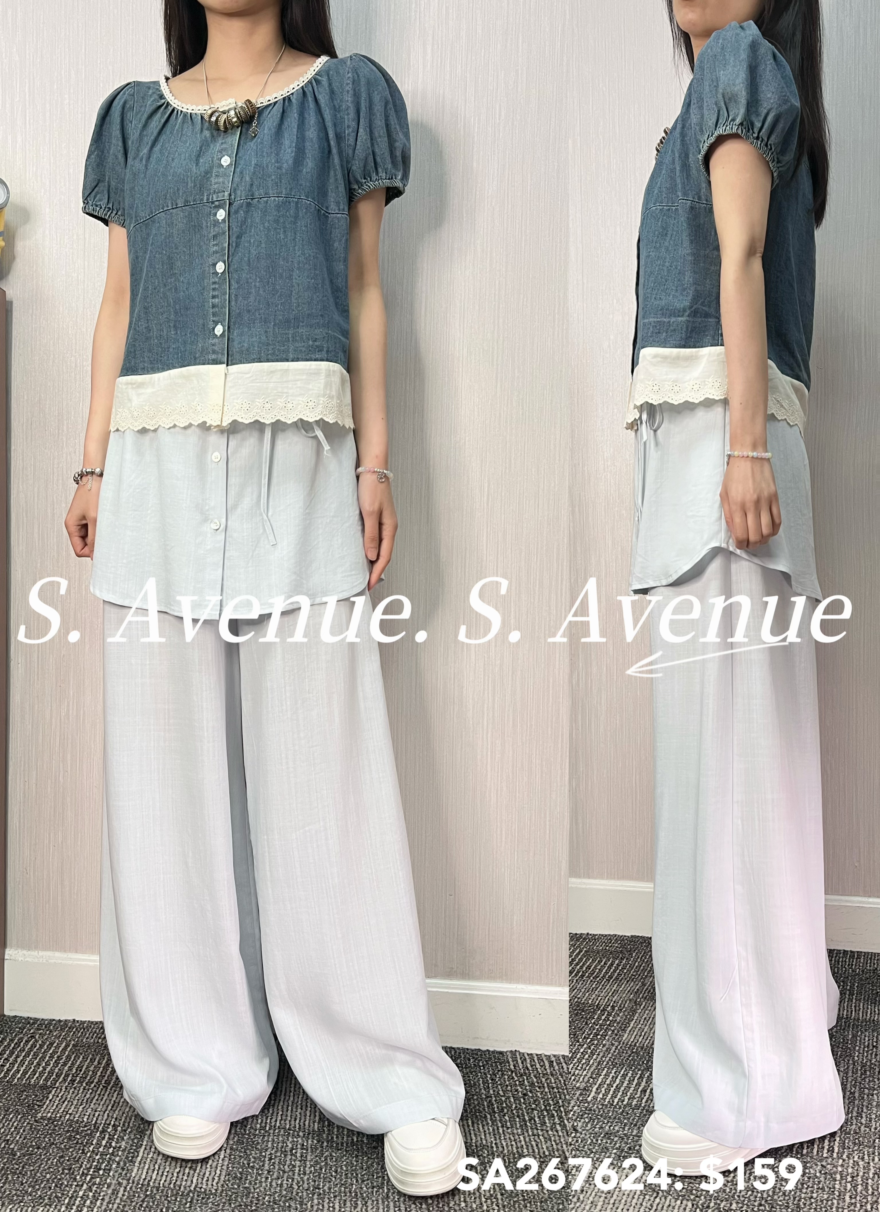 SA267624: 泡泡袖方領lace邊牛仔shirt