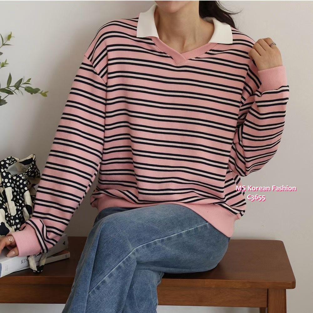 C3655 韓國🇰🇷靚色反領橫間top