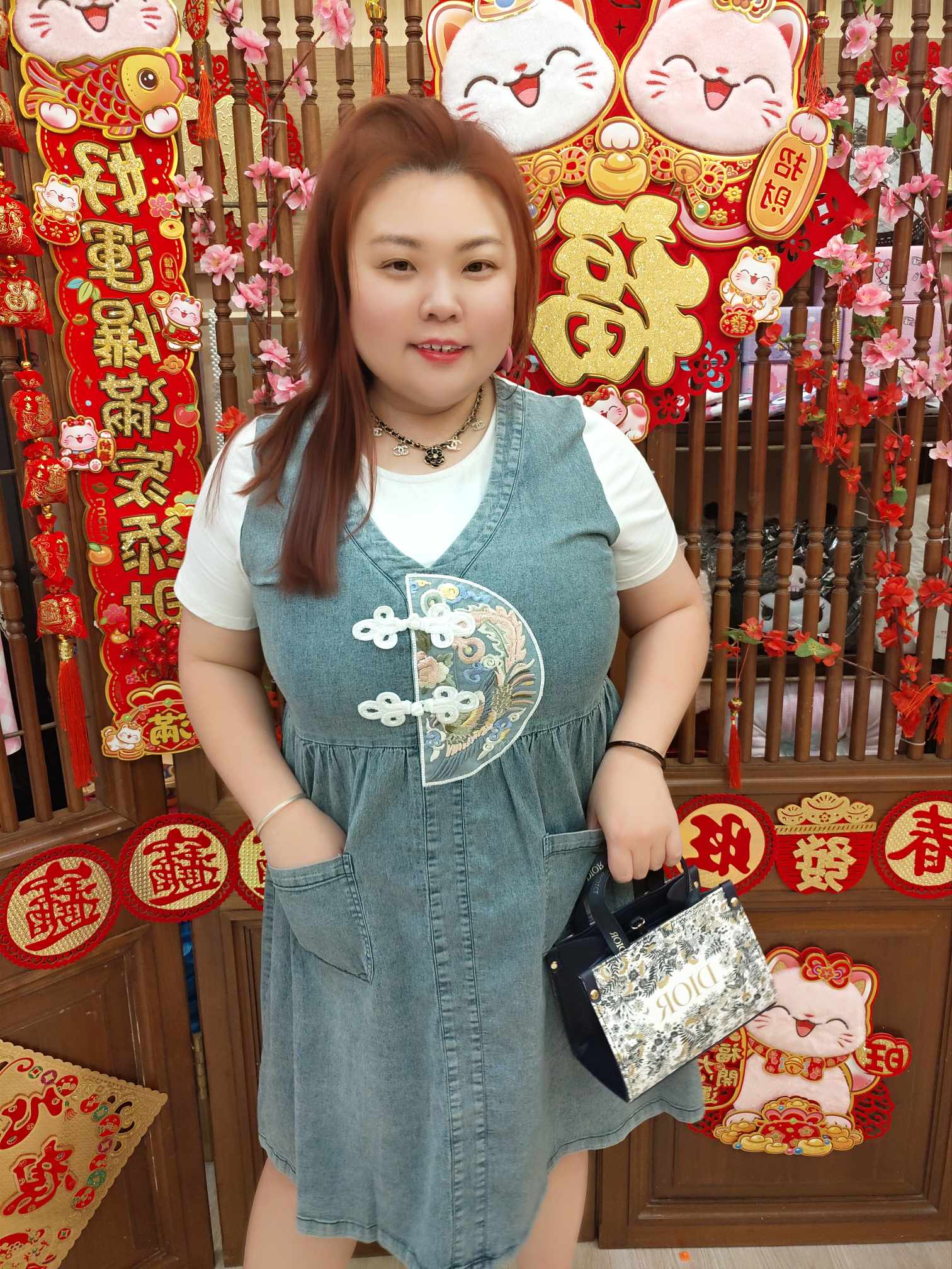 TW#5835 假两件中国风牛仔连身裙