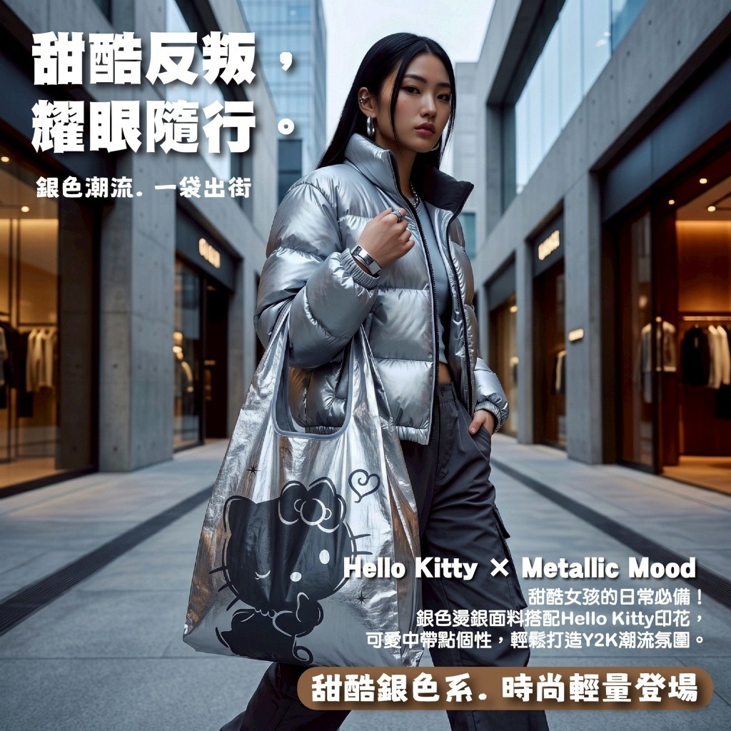 【預計裝櫃日:08月28日船班】台灣正版授權 Hello Kitty 灰燼款摺疊購物袋