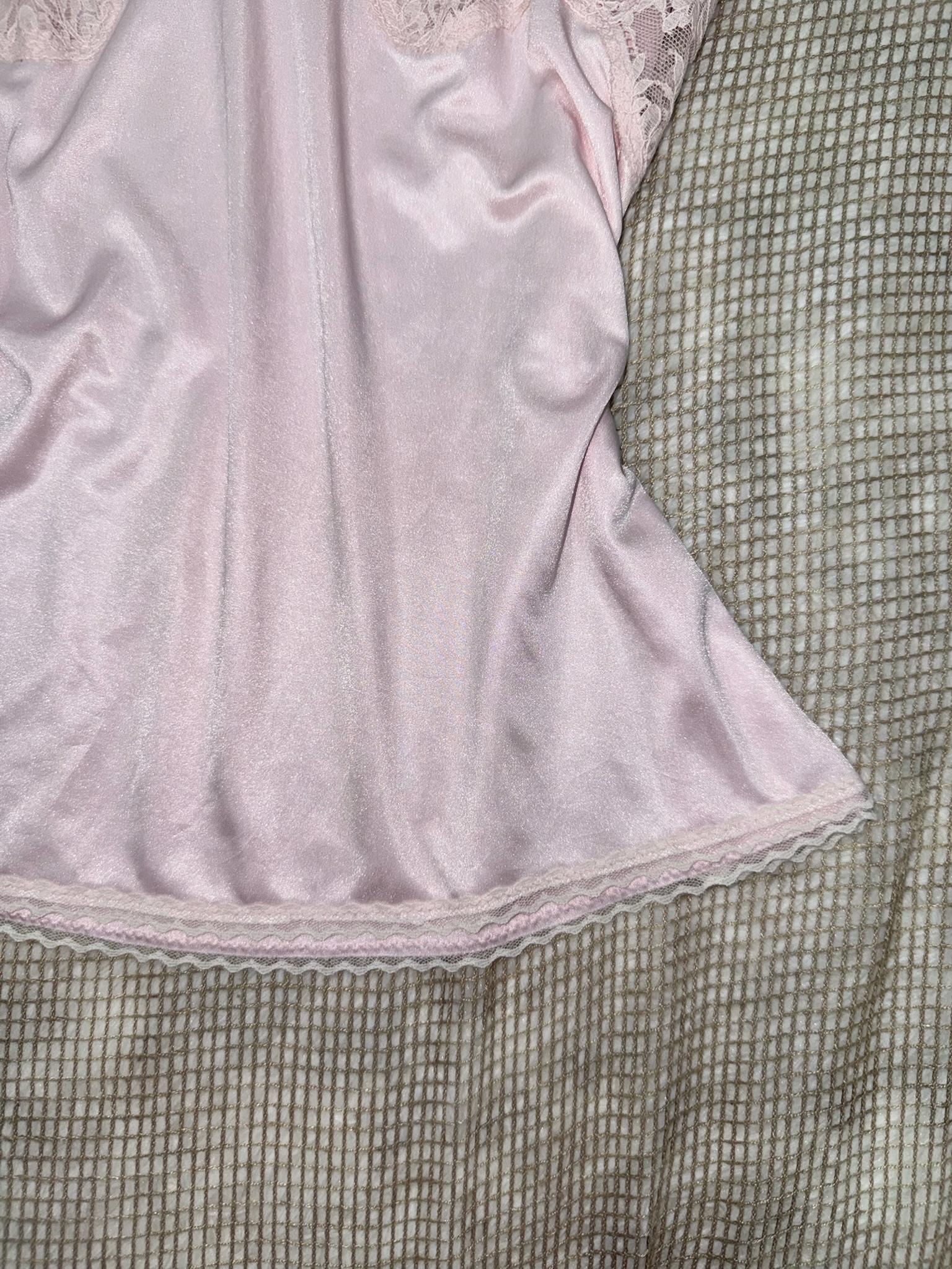 Baby Pink Satin Camisole with Sheer Floral Lace and Rose Bud Detail