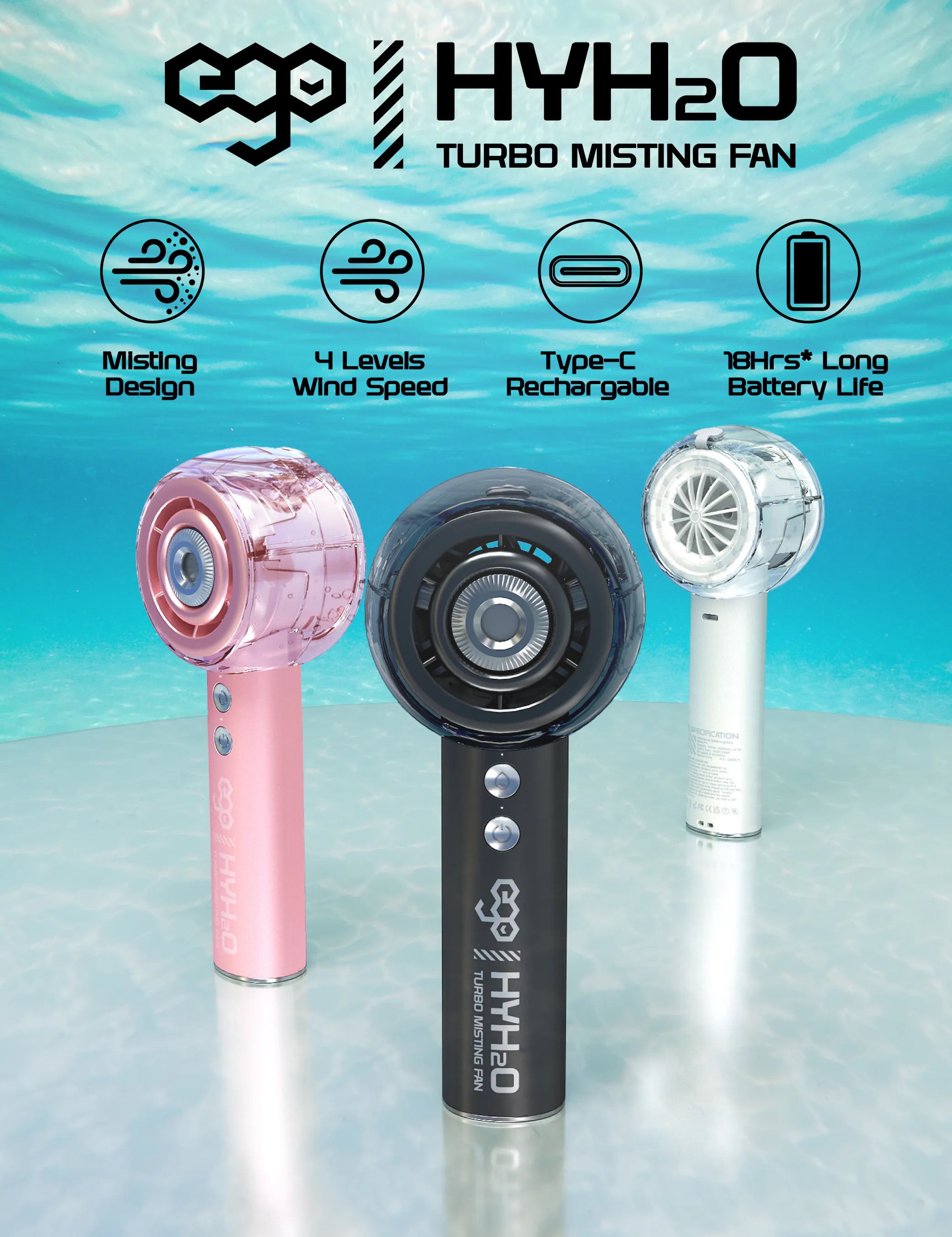 ego - HyH2O 噴霧水冷風扇 手提風扇 噴霧水冷 | 補濕美容 | 強勁風速 | 18小時長氣