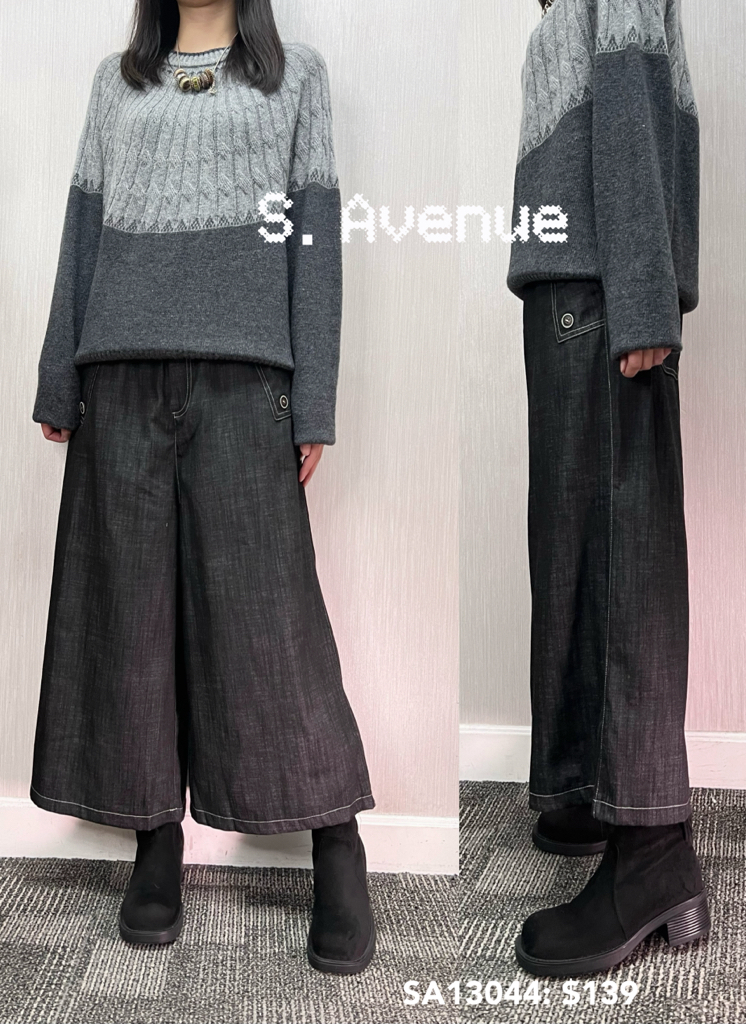 SA13044: 後橡筋腰前有鈕有拉錬闊腳牛仔裙褲