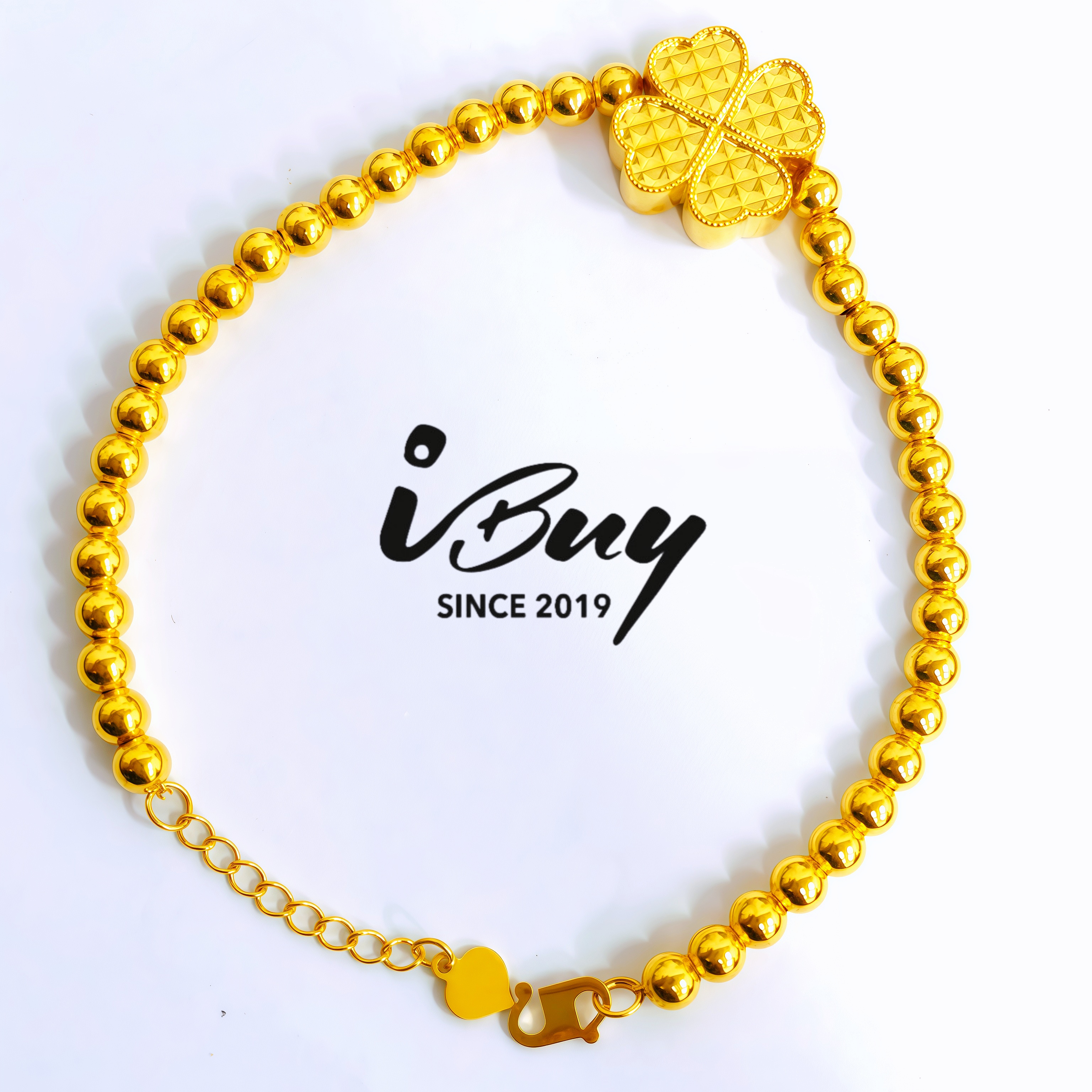 916 HARD GOLD DIAMOND CUT FOUR LEAF CLOVER BALL BRACELET 916 金 菱格四叶草光珠手链