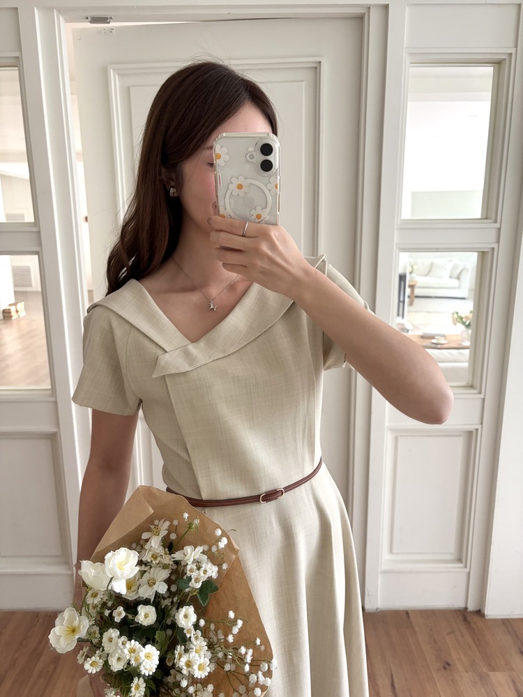 Sailor Collar Belted Dress (Beige)