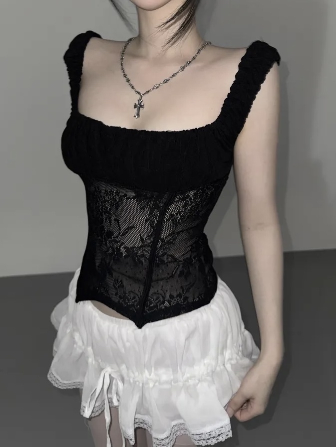 Ruched Sheer Lace Panel Corset Top