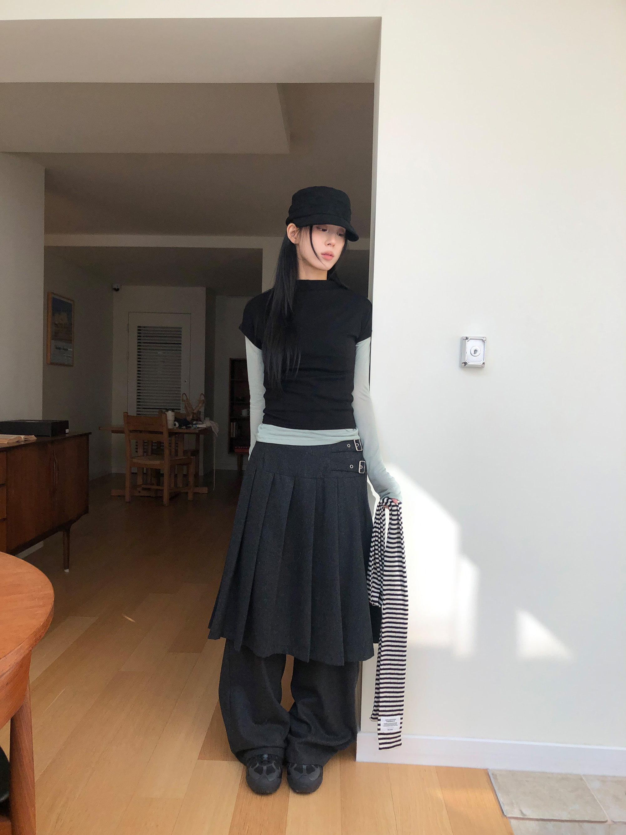 Pleated Layered Buckle Skirt Pants