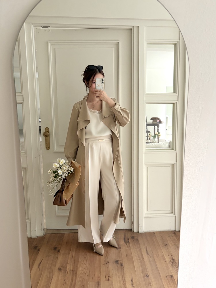 Classic Flared Trench Dress (Warm Beige)