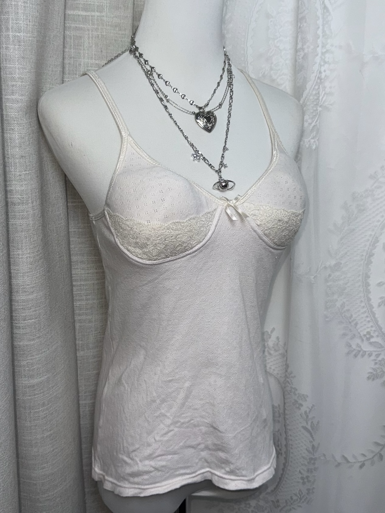 Off-White Ribbed Cami with Lace Cups and Center Ribbon