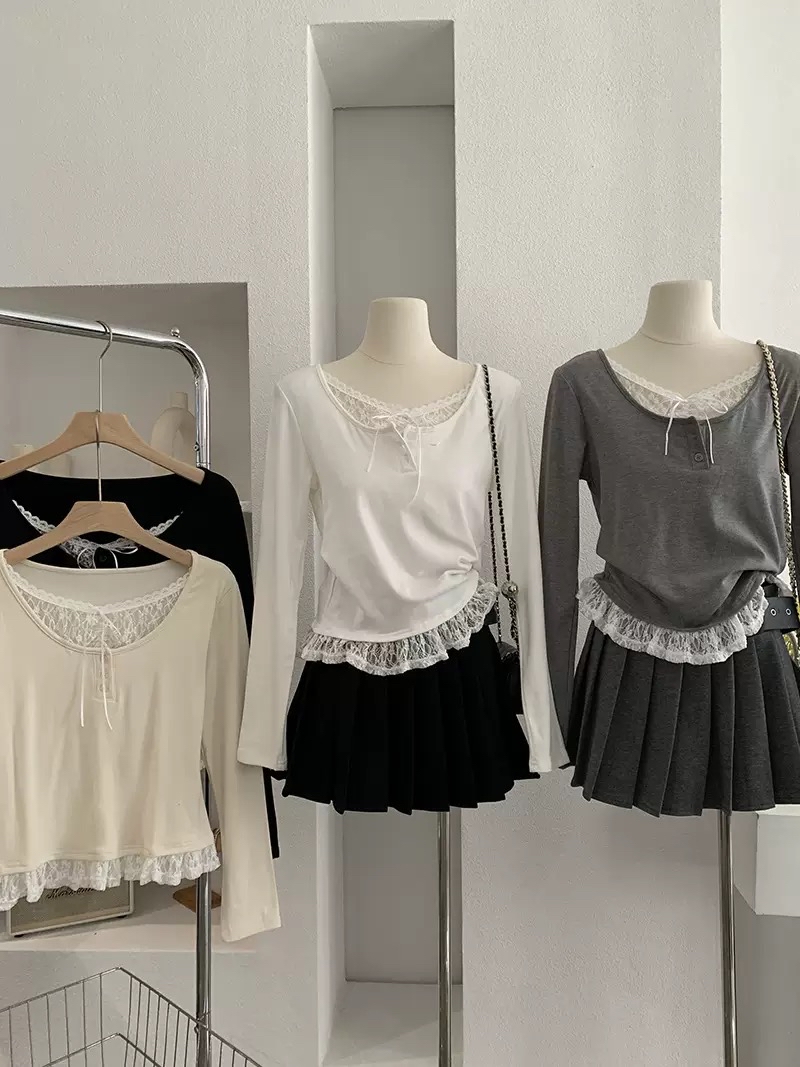 蕾丝花边拼接纯色上衣