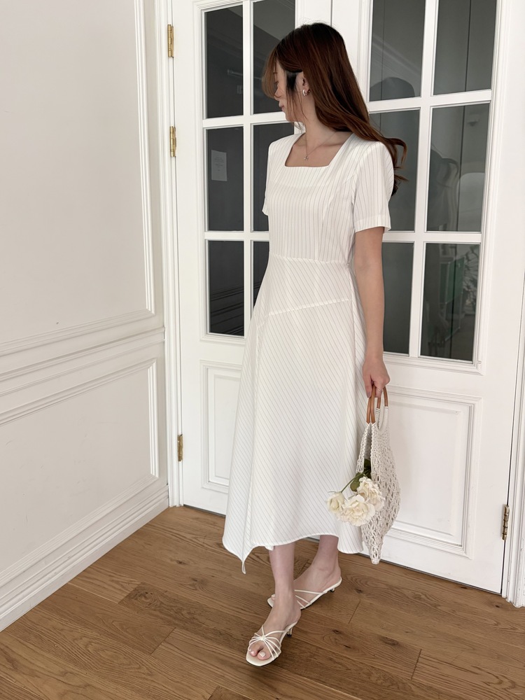 Asymmetric Striped Dress (Ivory)