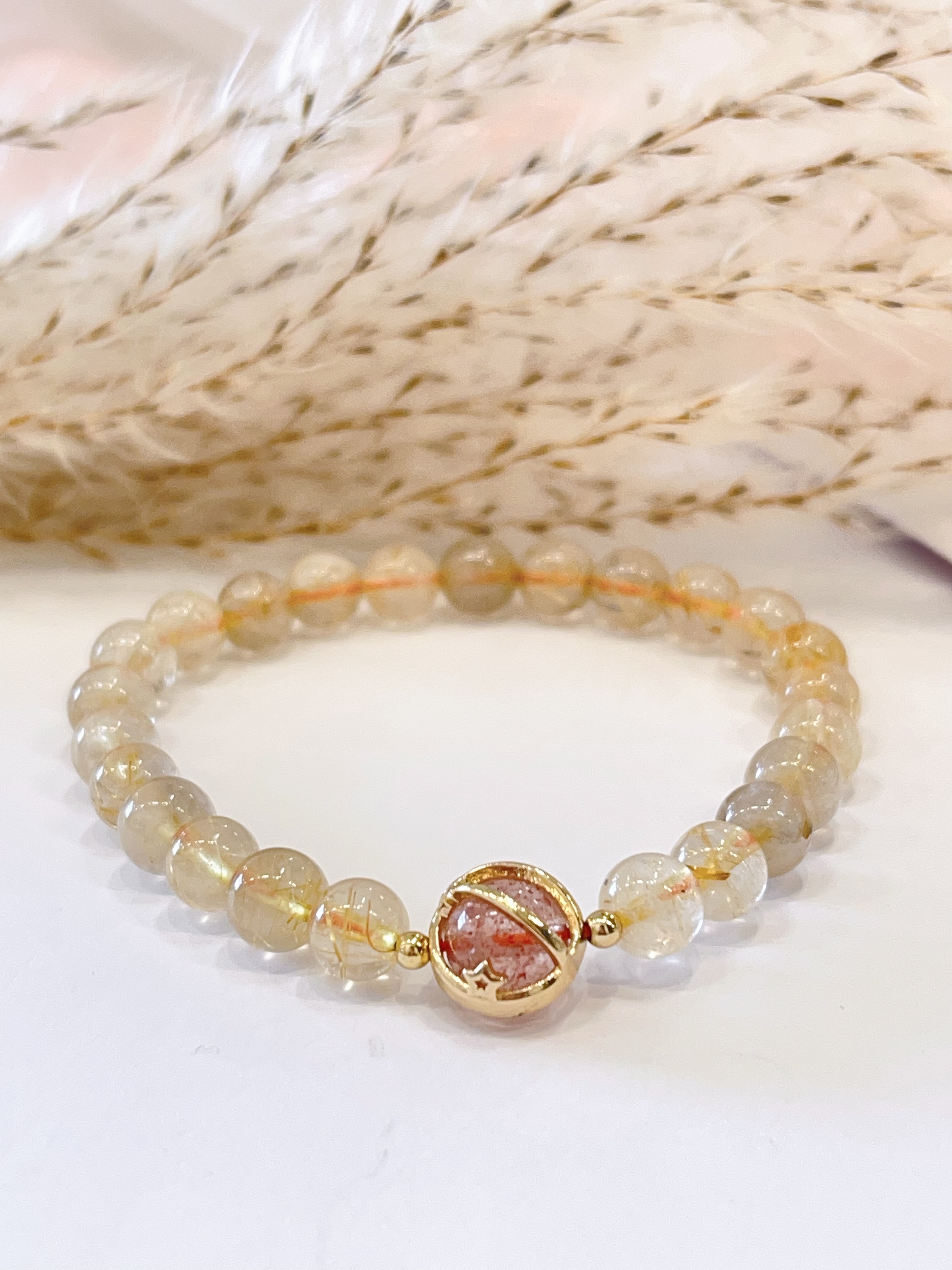 🍓 草莓晶 × 金发晶手串 Strawberry Quartz & Golden Rutilated Quartz