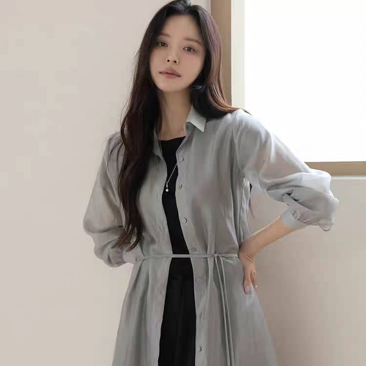 Lightweight Button-Down Long Shirt Jacket with Waist Tie ‖ 轻薄排扣长版衬衫外套附腰带 KR0193301