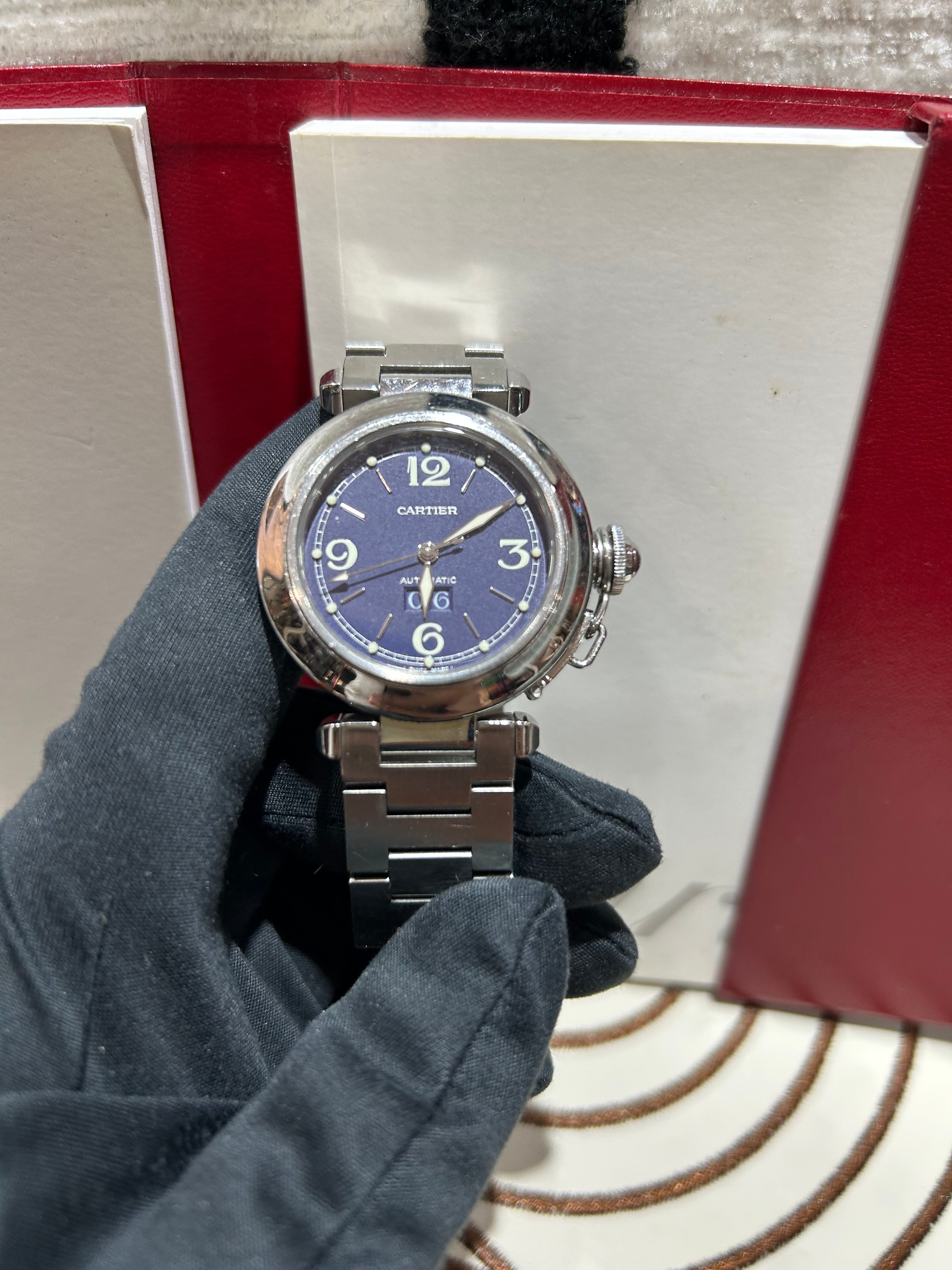 Cartier Pasha C 藍面Watch automatic 100%Authentic, 95%New✅01證書✅Booklet