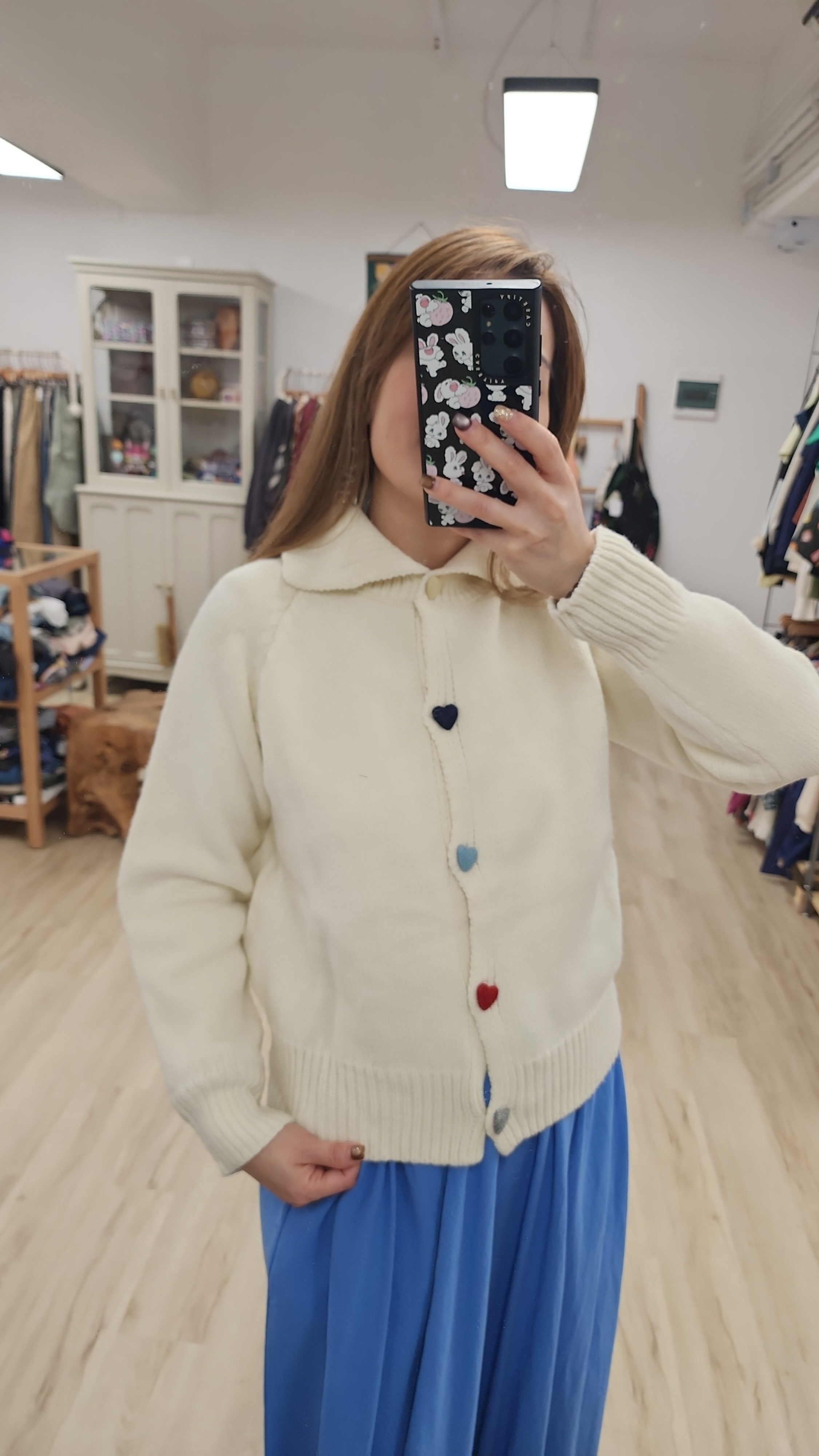 韓國米白拼彩心心紐針織開胸外套