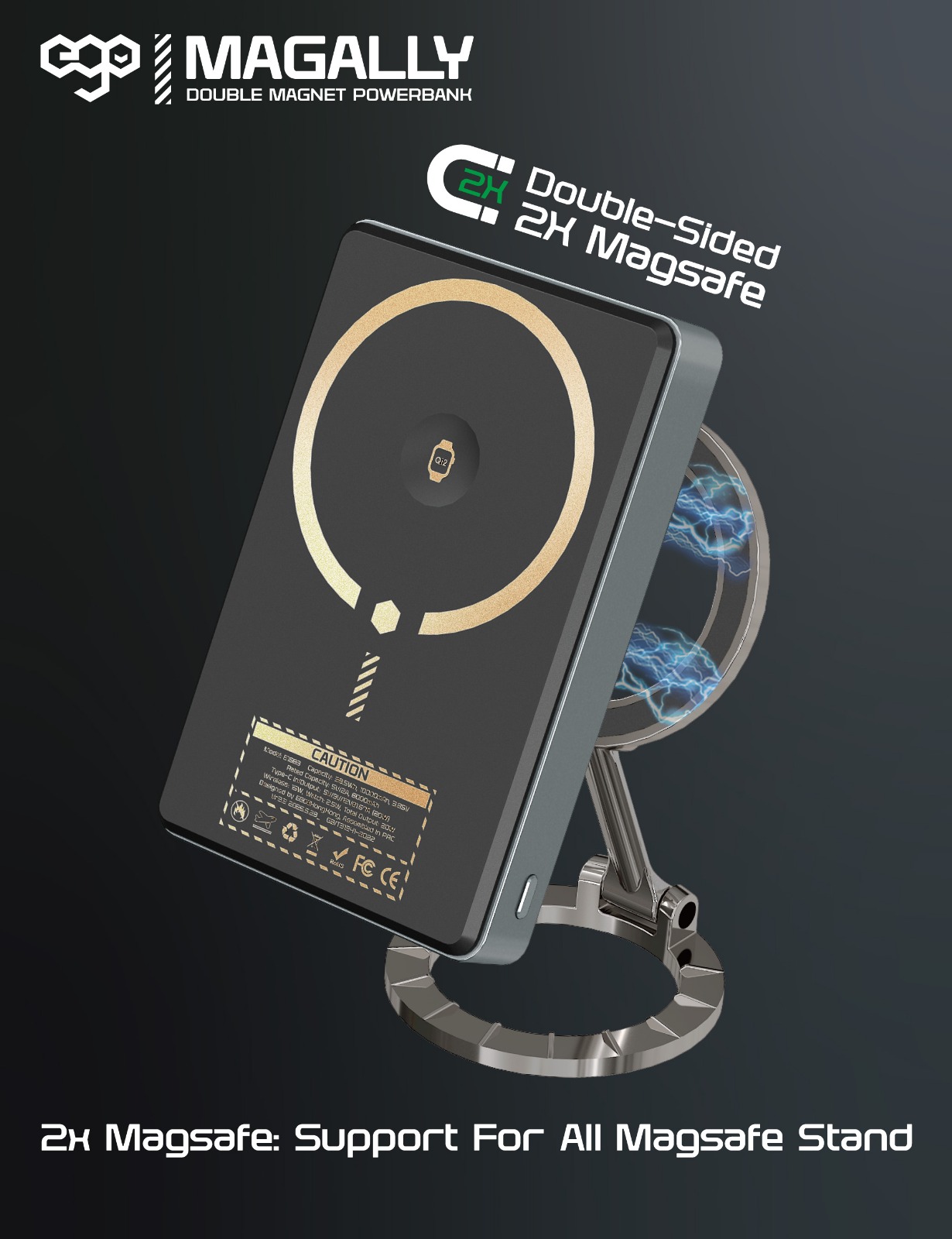 EGO MAGALLY 雙磁鐵移動電源：10000mAh，15W MagSafe & iWatch 無線充電
