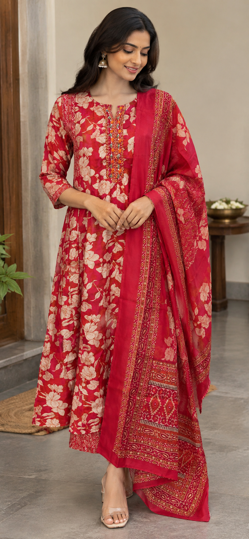 Red Floral Muslin Silk Anarkali set
