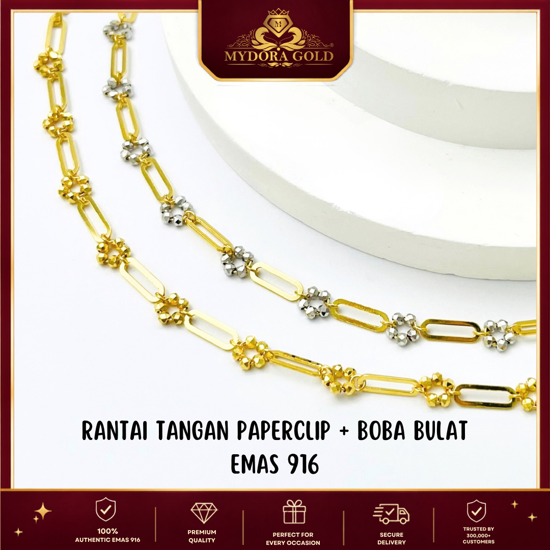 MYDORA Rantai Tangan PaperClip + Boba Bulat l EMAS 916/22K