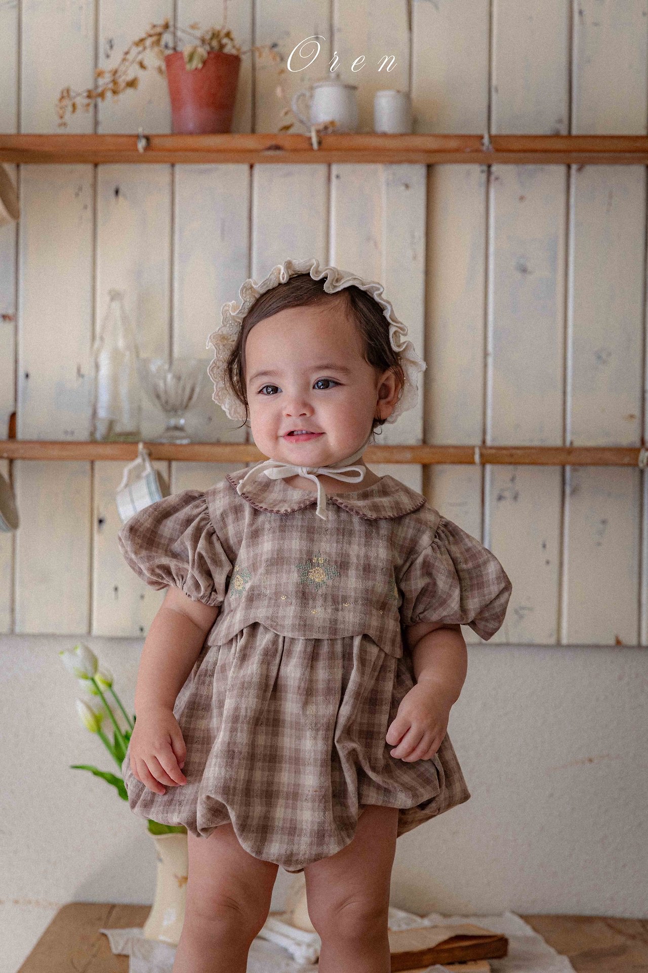 ☀️預訂 韓國直送☀️🇰🇷Oren Toua刺繡格紋泡泡袖包屁衣/連身裙