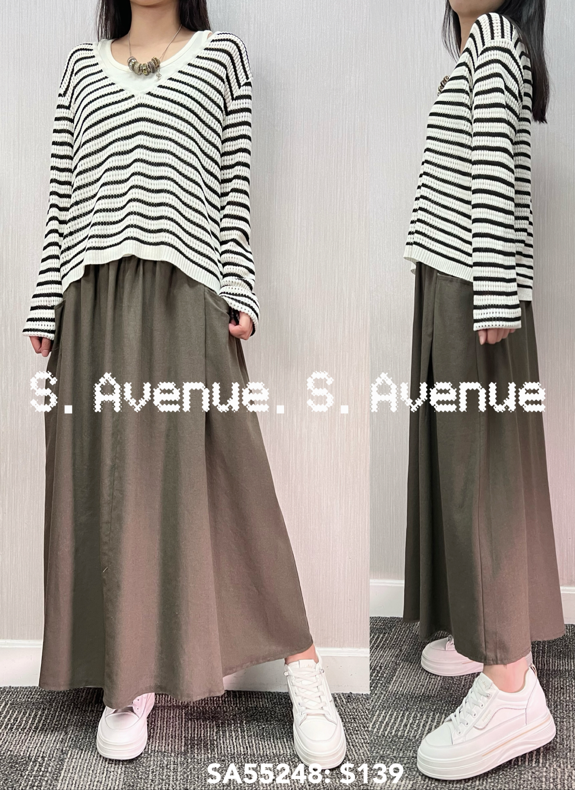 SA55248: 長袖V領通花線top+背心套裝