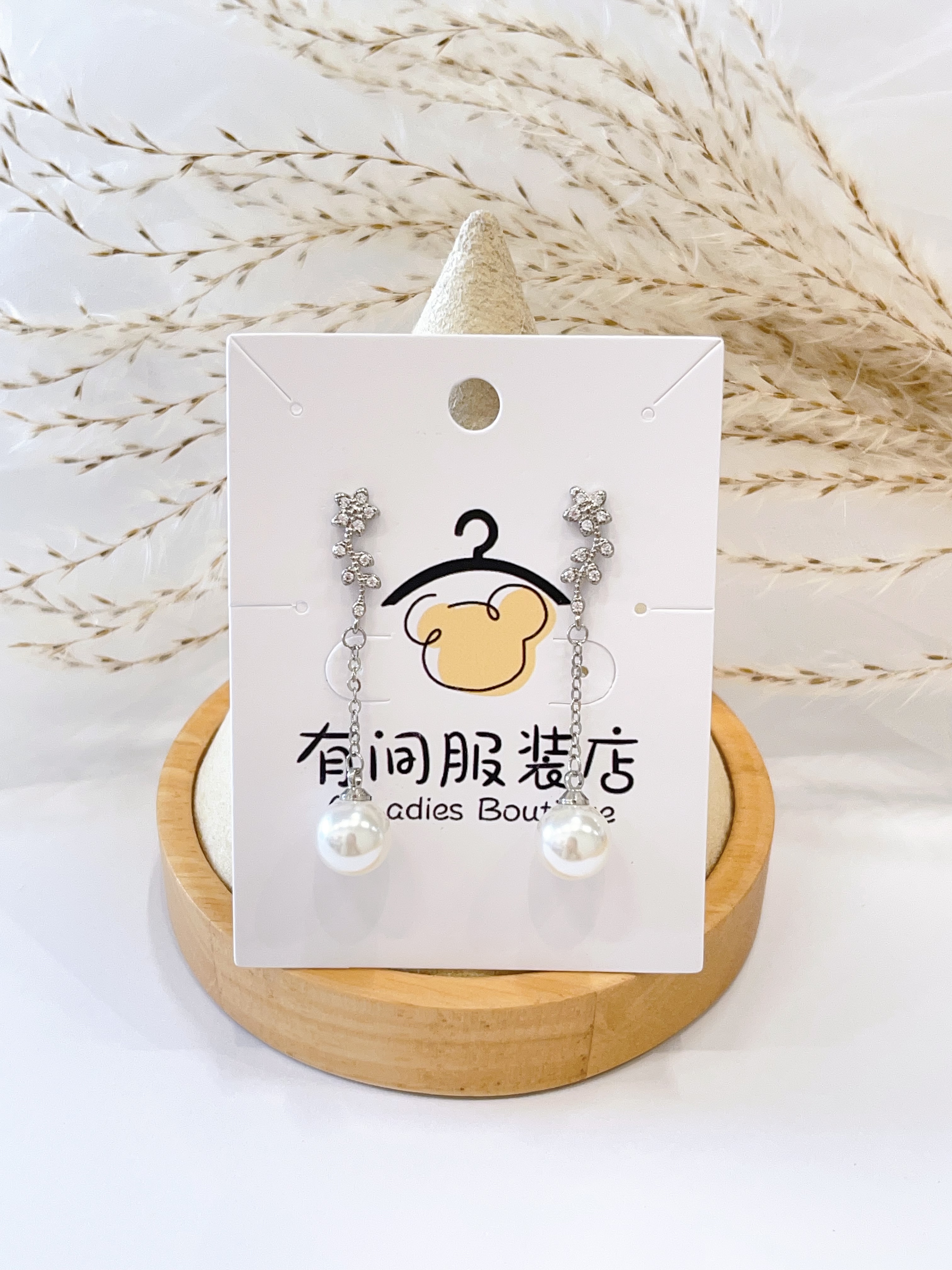 小花花长流苏珍珠耳环