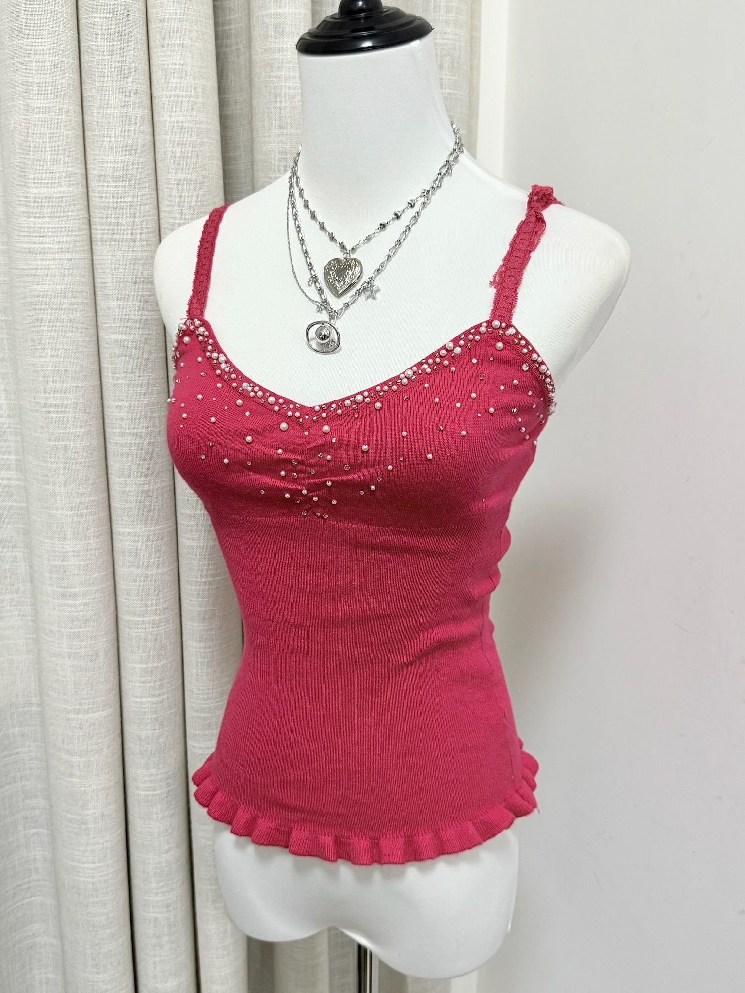 Sweet Y2K Hot Pink Pearl Cami with Ruffle Hem