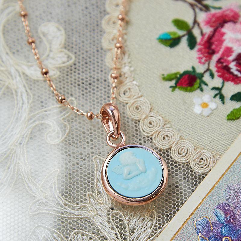 Italian Handcrafted Rose Gold Plated over 925 Silver Turquoise Paste CHERUB Cameo Pendant Necklace(NHMA06S)