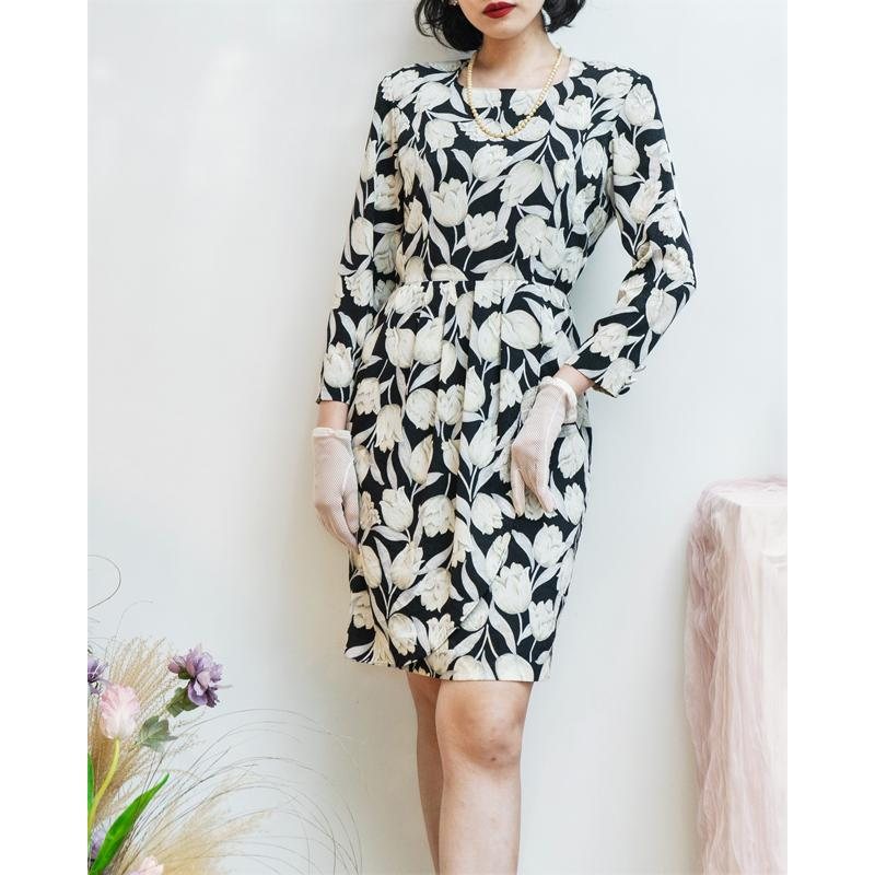 Vintage Japanese Elegant Tulip Pattern Tailored Half Wrap Dress (MT1840-40)