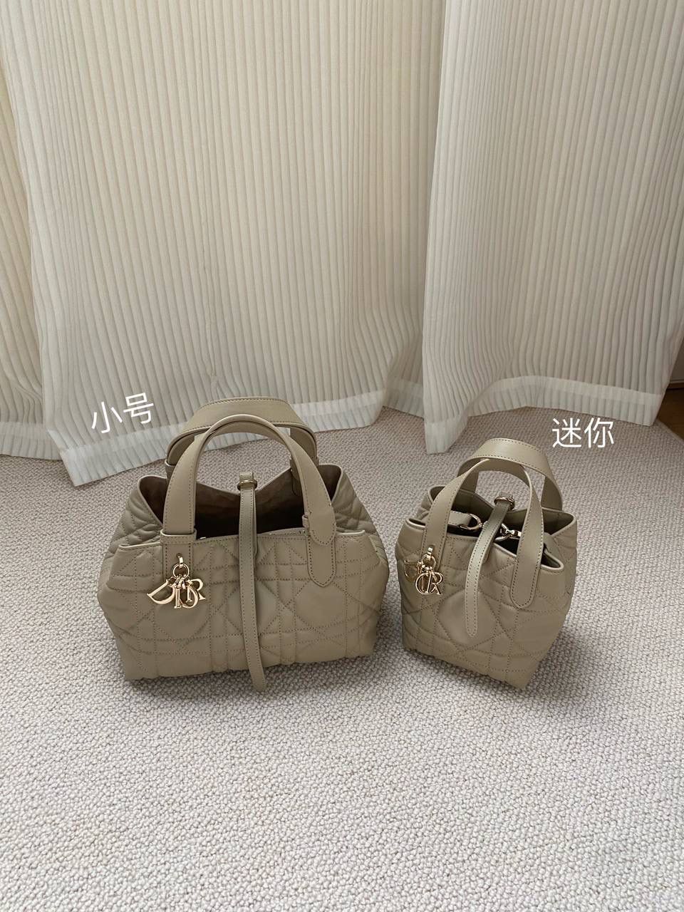 🈶胭脂米，小号 𝗗𝗜𝗢𝗥 𝗧𝗼𝘂𝗷𝗼𝘂𝗿𝘀横版 拒绝不了一点温柔的米色系 实在太好看了！很显气质 淡淡的色调，看着心情就很好 小号会更Q更嗲一些 实物蛮精致的！ 可以说目前喜爱度top☝🏻 23×15×15cm，#m1292m