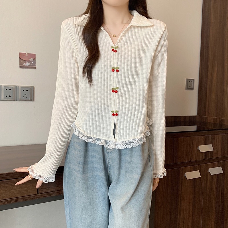 B104(21567) 韩系甜美风微褶皱翻领前部樱桃拼蕾丝花边3色上衣