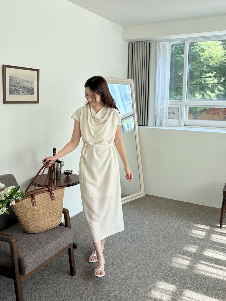 Draped Neck Dress with Inner Slip (Cream)