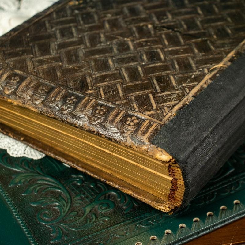 Rare Antique Signed 1904 Brown Leather Cover with Bird Embellishment Photo Album Book (MX014)
