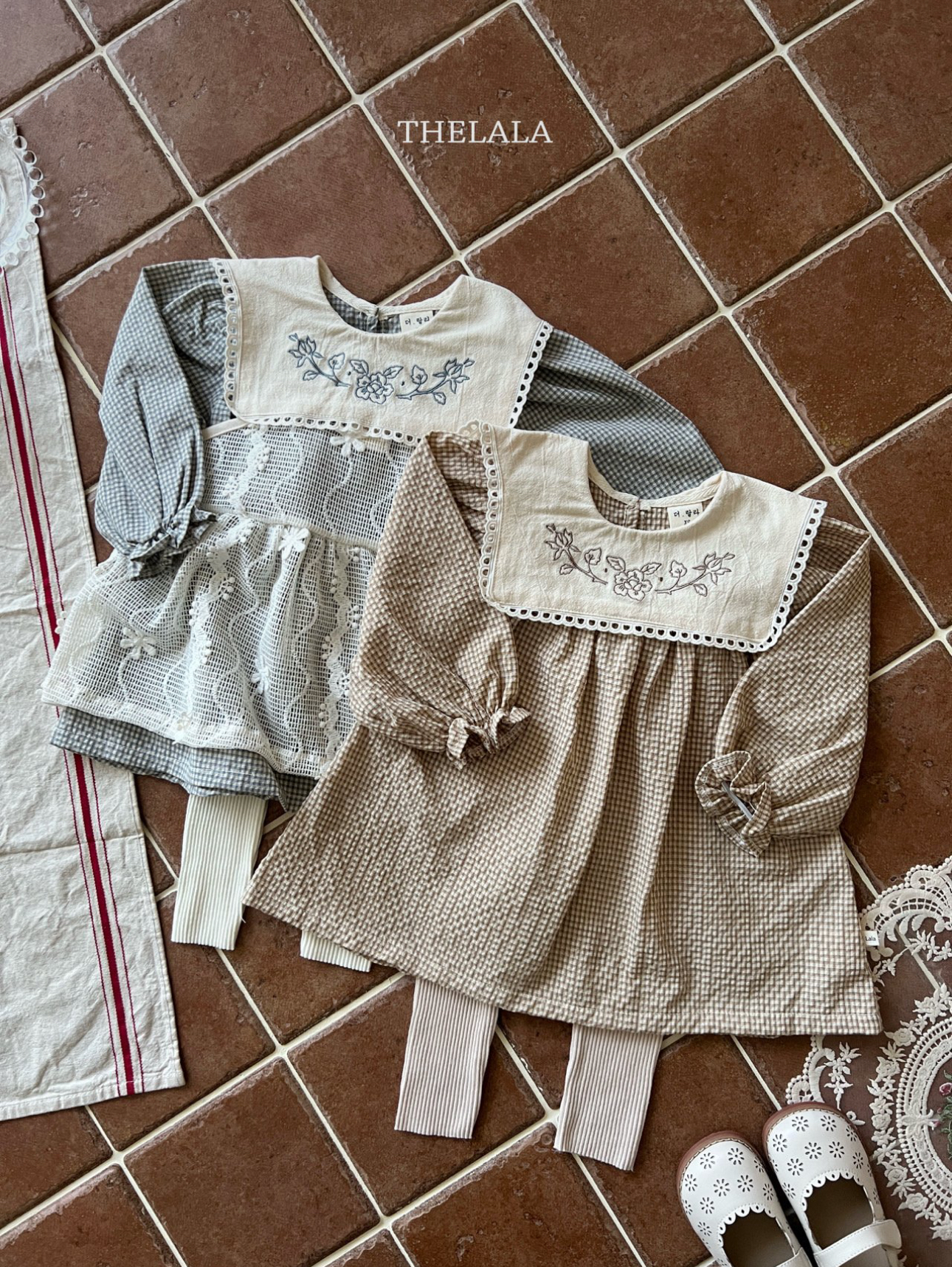 🌸預訂 韓國直送🌸🇰🇷THELALA兩色花卉刺繡方形翻領格紋長袖連身裙