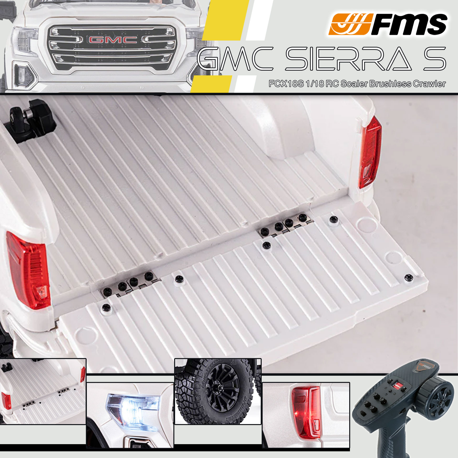 全新 FMS FCX18S 1:18 GMC Sierra S RTR Brushless | General Motors LLC授權 | 無刷版本 | 聯動指揮燈 | 2段機械變速 | 迷你慢爬車 | 遙控車 | 像真迷你遙控車