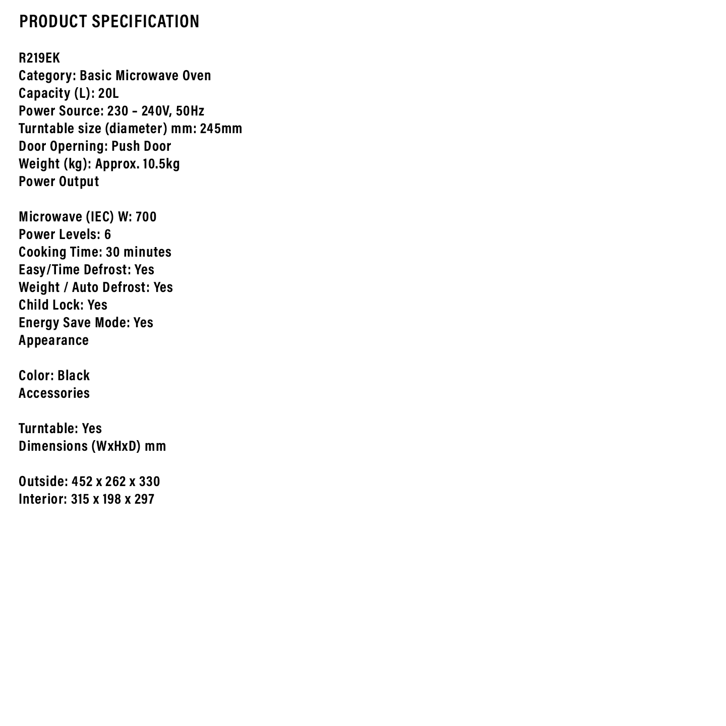 Sharp 20L Mechanical Microwave Oven (R219EK)