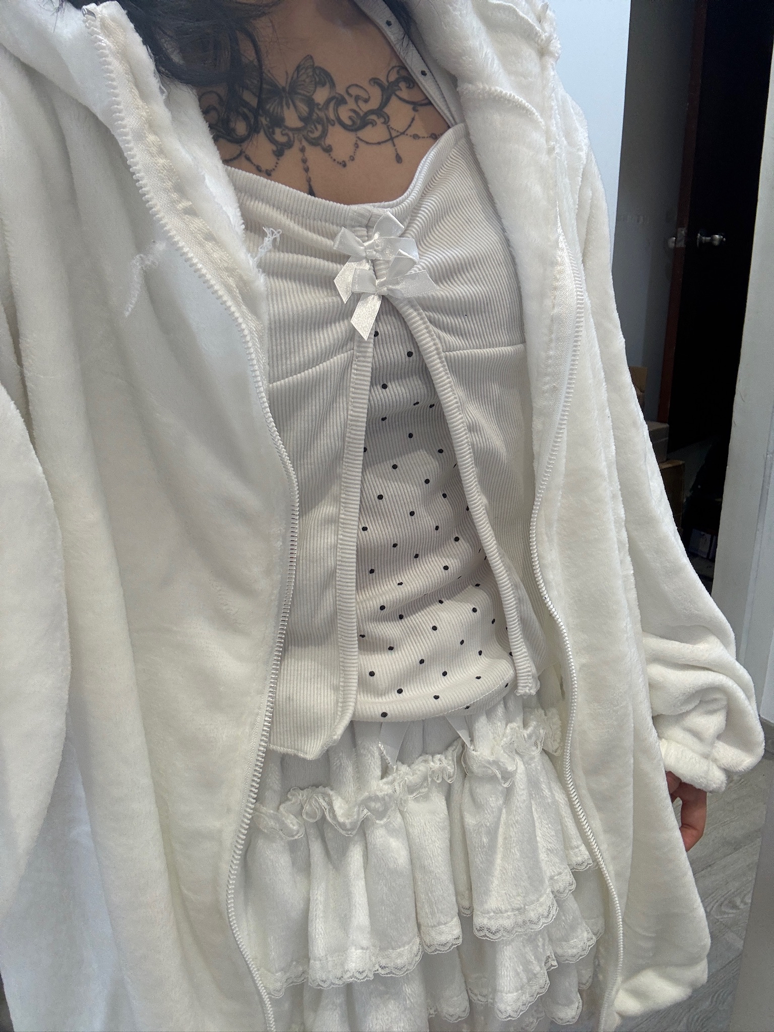 韓國撞色假兩件波點蝴蝶結Top