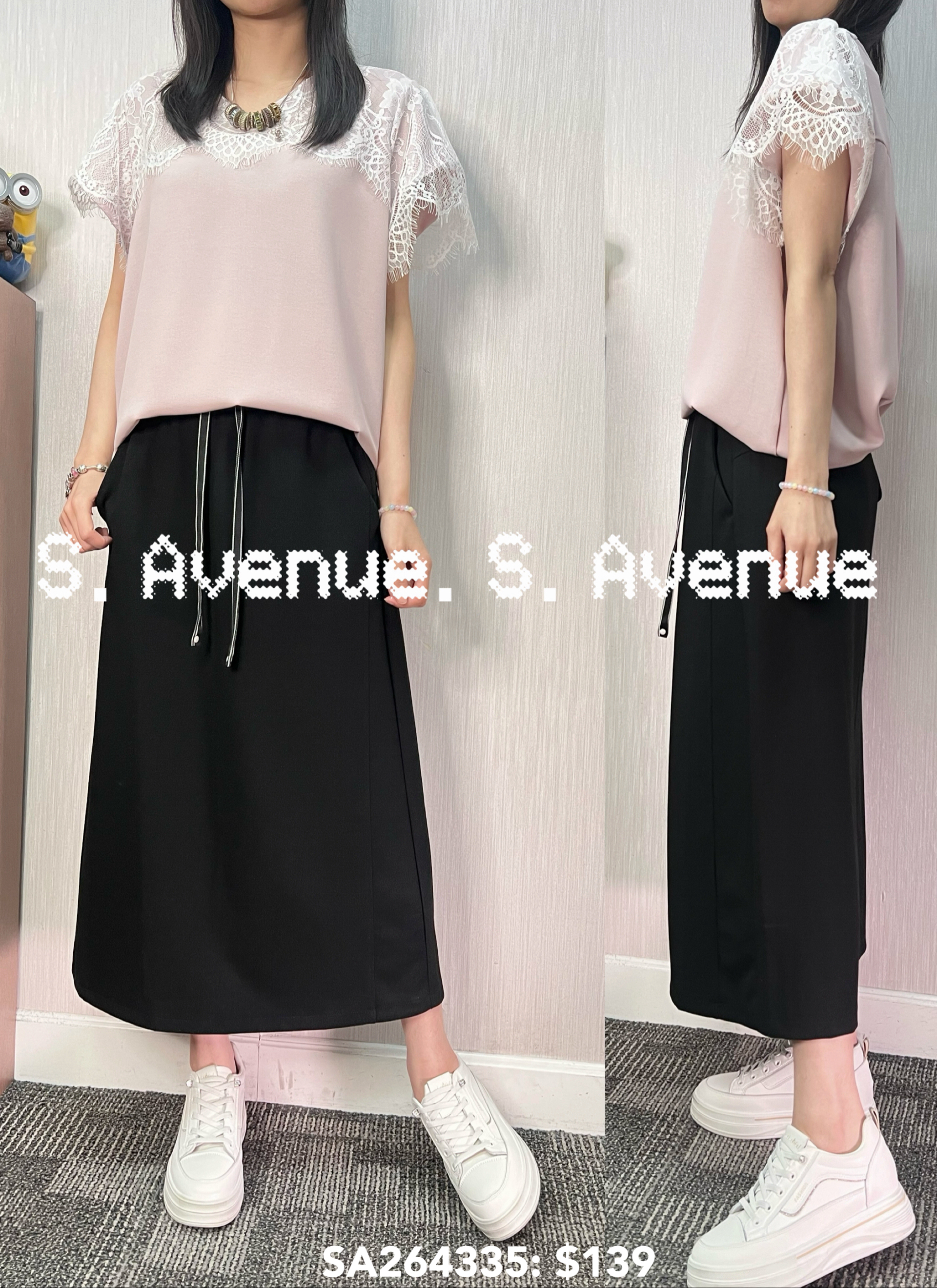 SA264335: 短袖V領拼lace雪紡top