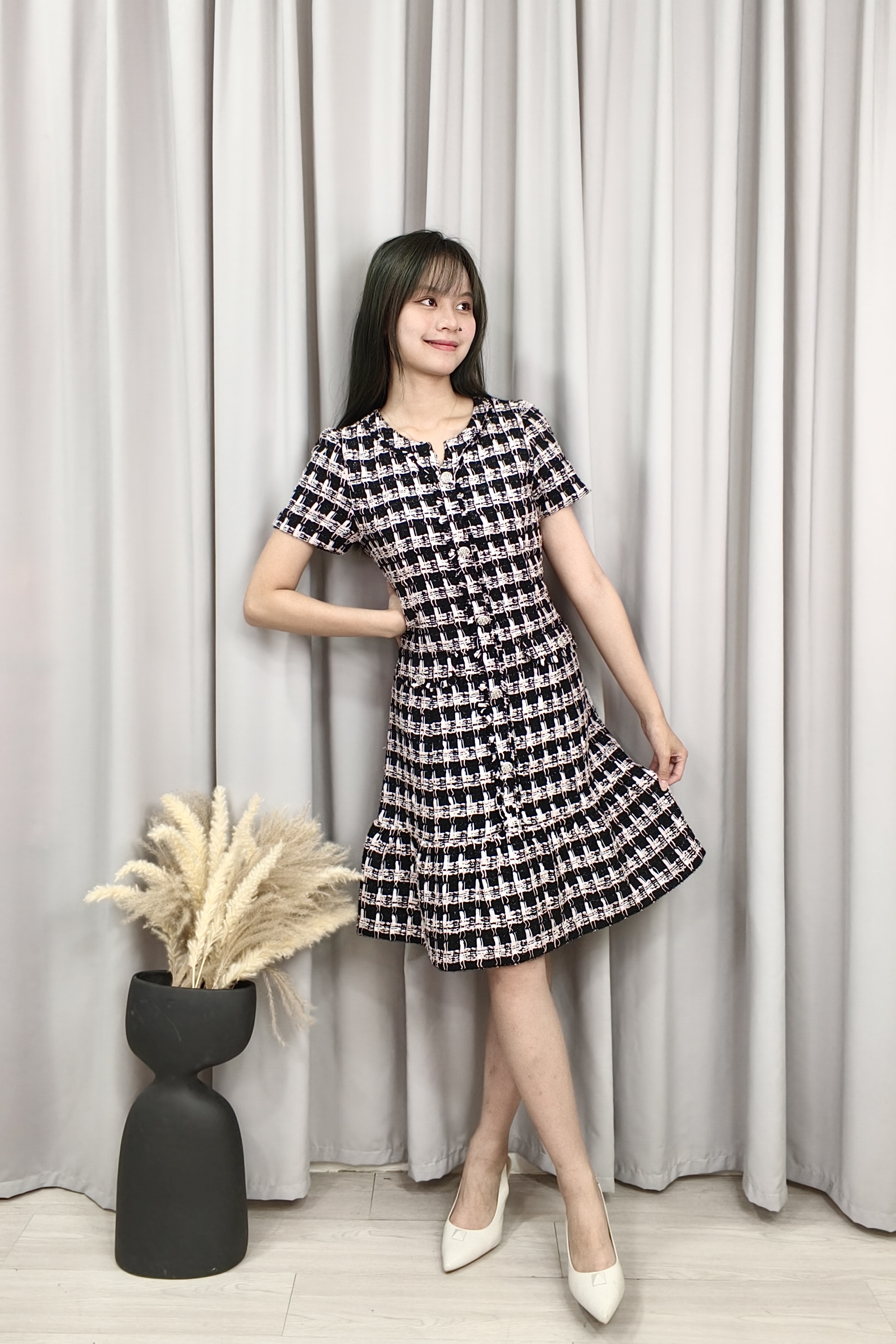 25688 Textured Tweed Fit & Flare Dress