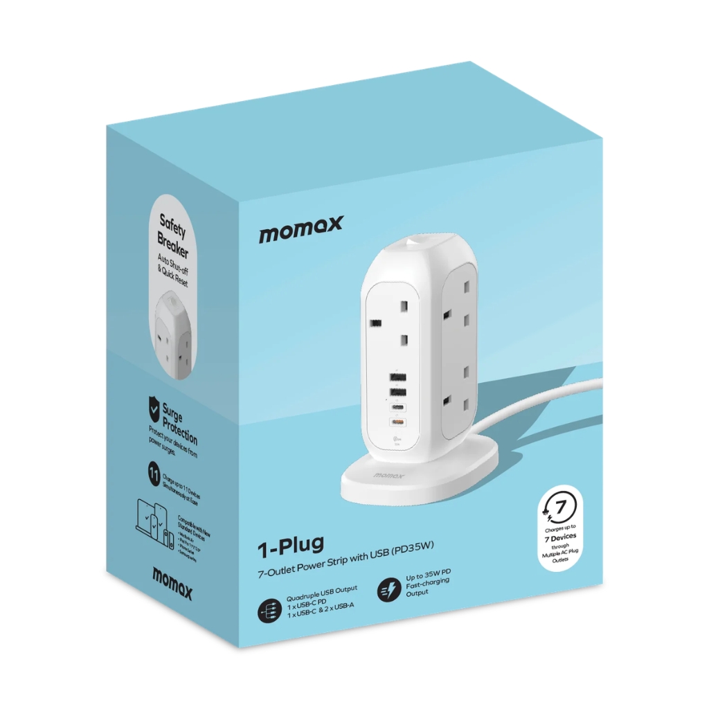 MOMAX 1‑Plug PD35W 7位拖板 US18A｜PD 快充・7 插位・過載保護・家居/辦公必備拖板｜香港行貨