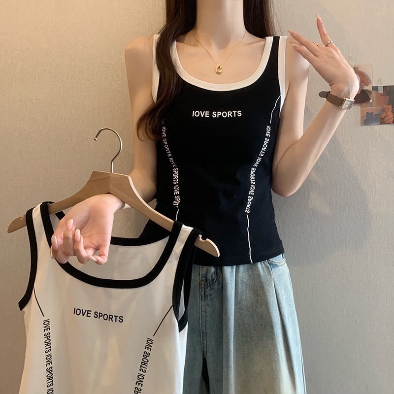 B247(16119) 美式LOVE SPORTS 撞色边小字体显瘦边黑白背心 