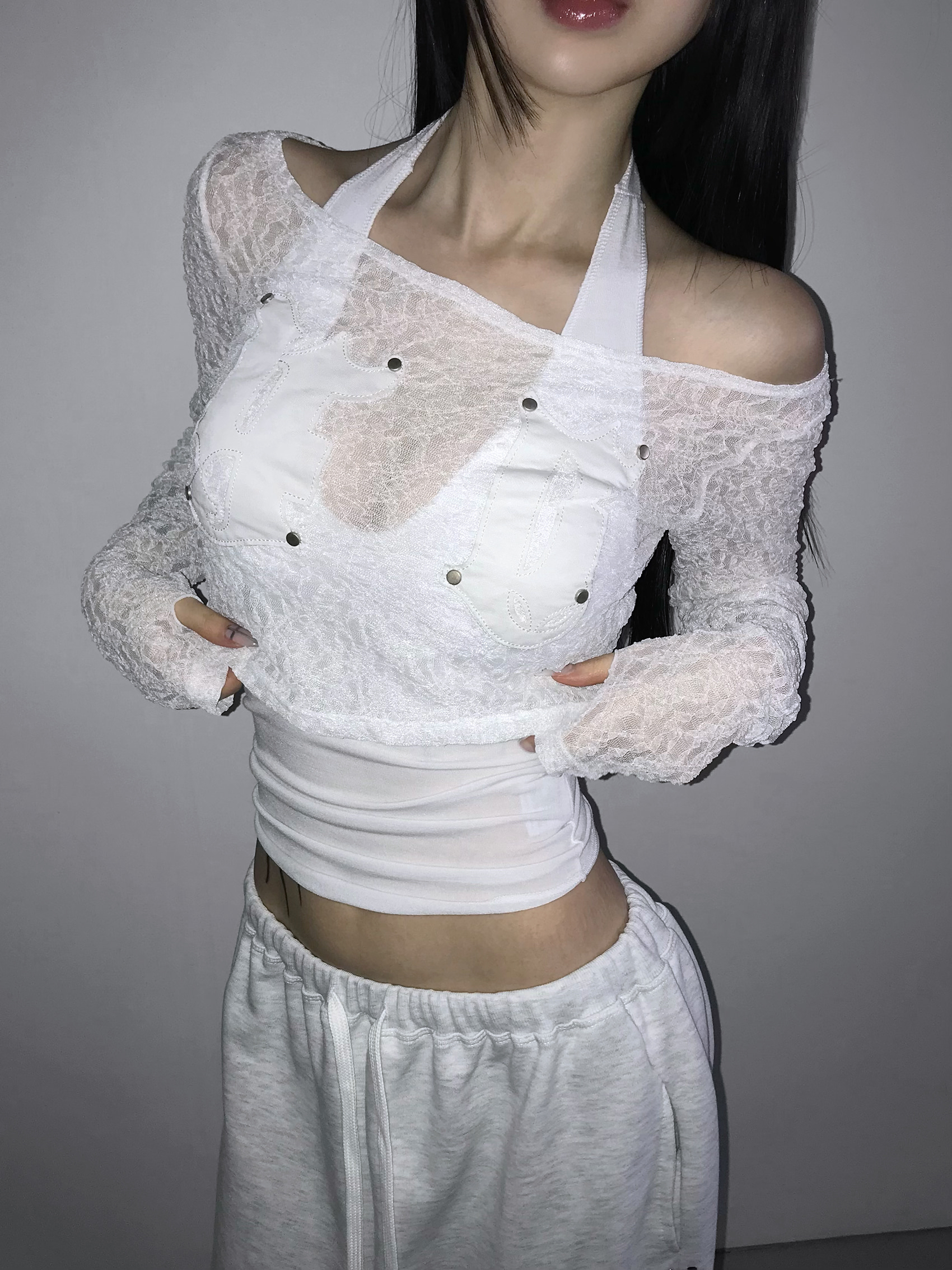 Sheer Lace Round Neck Crop Top