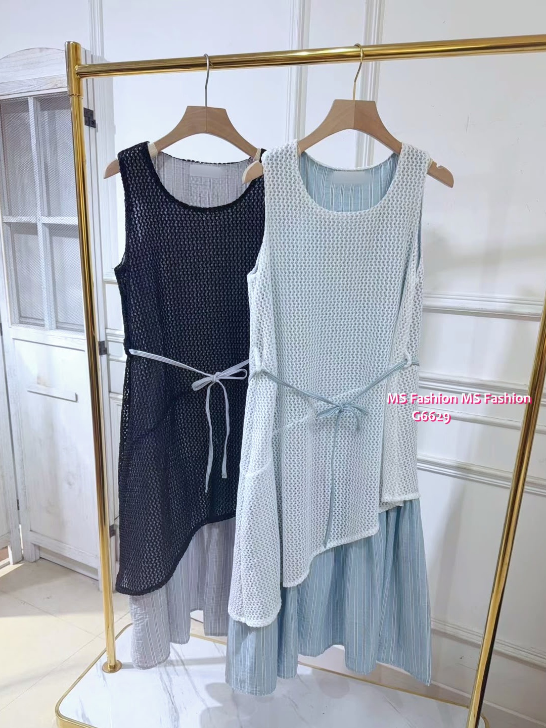 G6629 通花條子背心連身裙