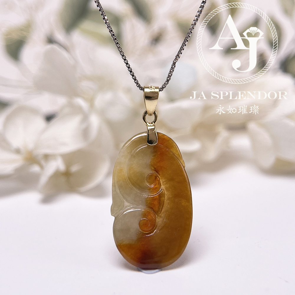 JN-544 天然翡翠A 大馬坎黃翡半山半水如意吉祥吊墜