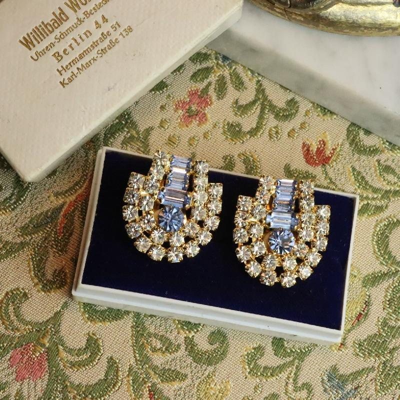 Vintage C.a. 1970-80s Czechoslovakian Blue Baguette Glass and Rhinestone Sparkling Cocktail Clip Earrings - New Old Stock(MZ054)