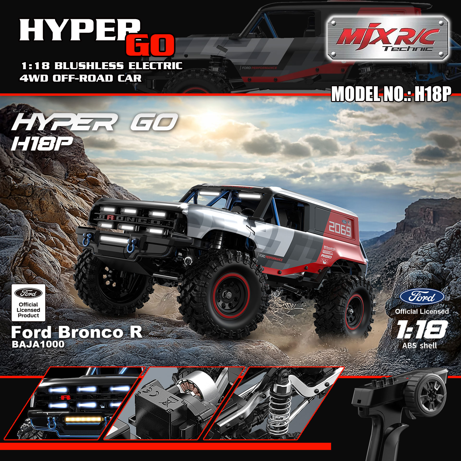 全新 美嘉欣 MJX R/C 1:18 H18P BAJA1000 Ford Bronco R 無刷攀爬車 | 福特授權車殼 | 無刷攀爬車 | 1606 4200KV 無刷馬達 |  DIG 坦克掉頭 | 精美硬殼