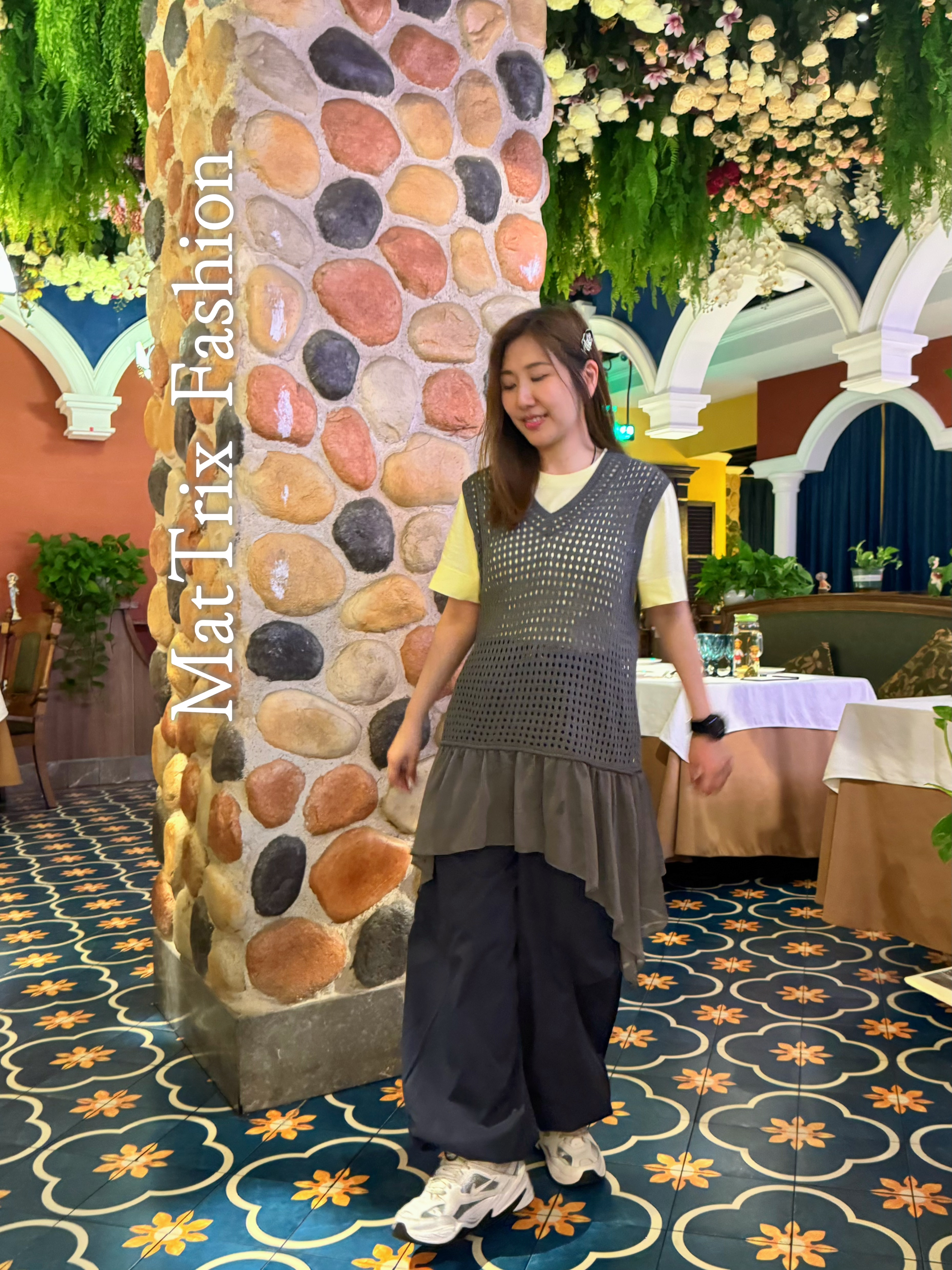 線織拼雪紡背心