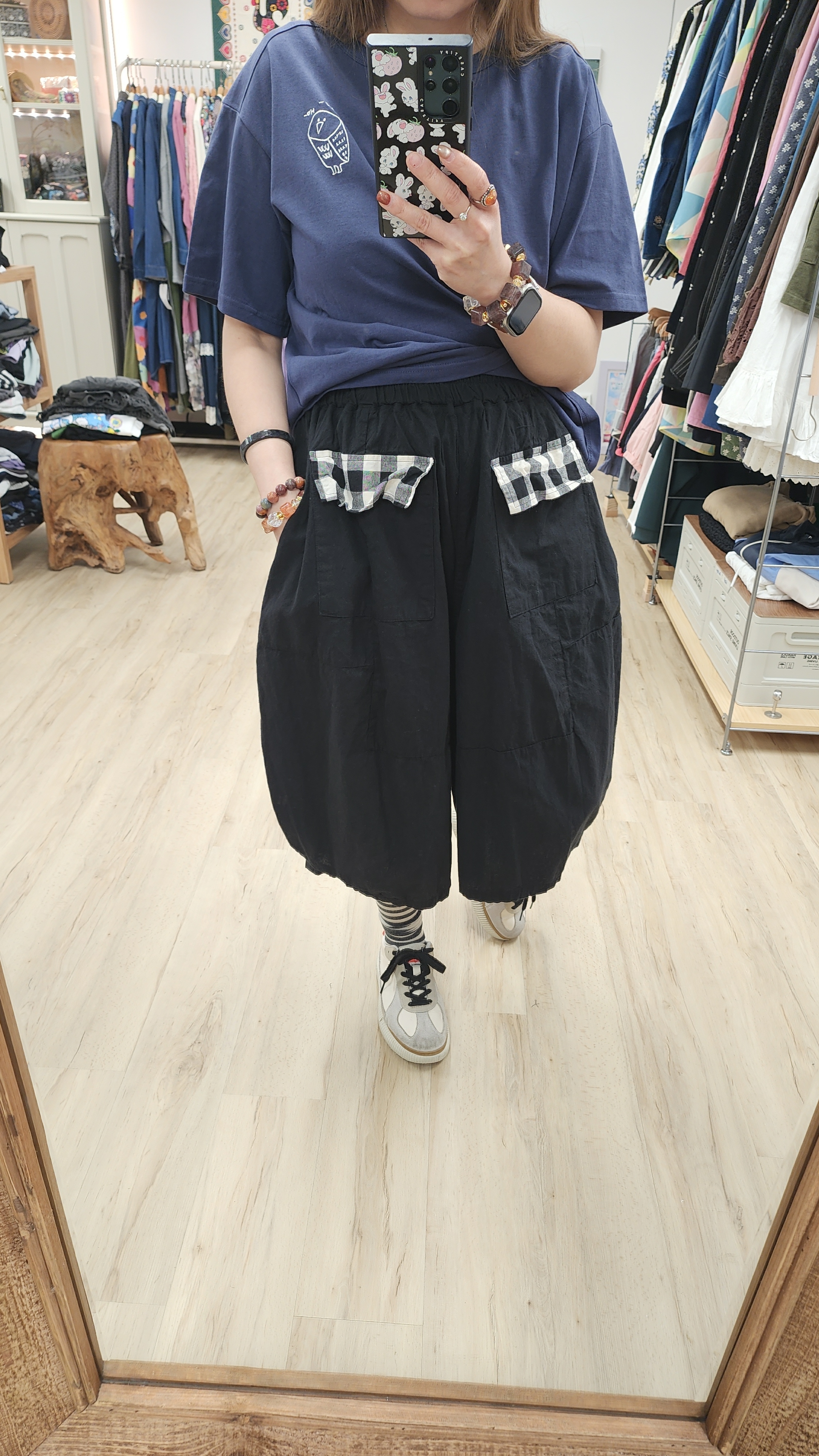 韓國黑拼暗車骨棉麻橡筋汽球短褲