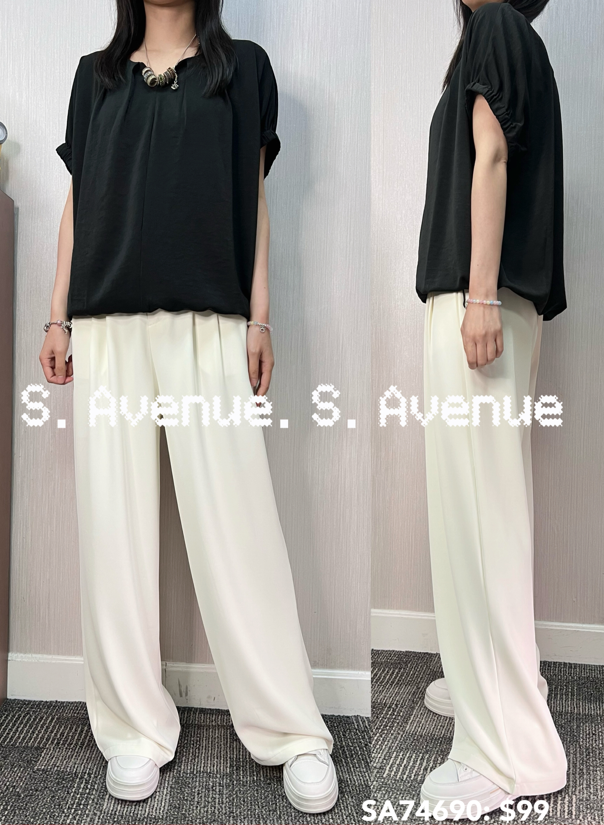 SA74690: 壓撍袖V領束腳雪紡top