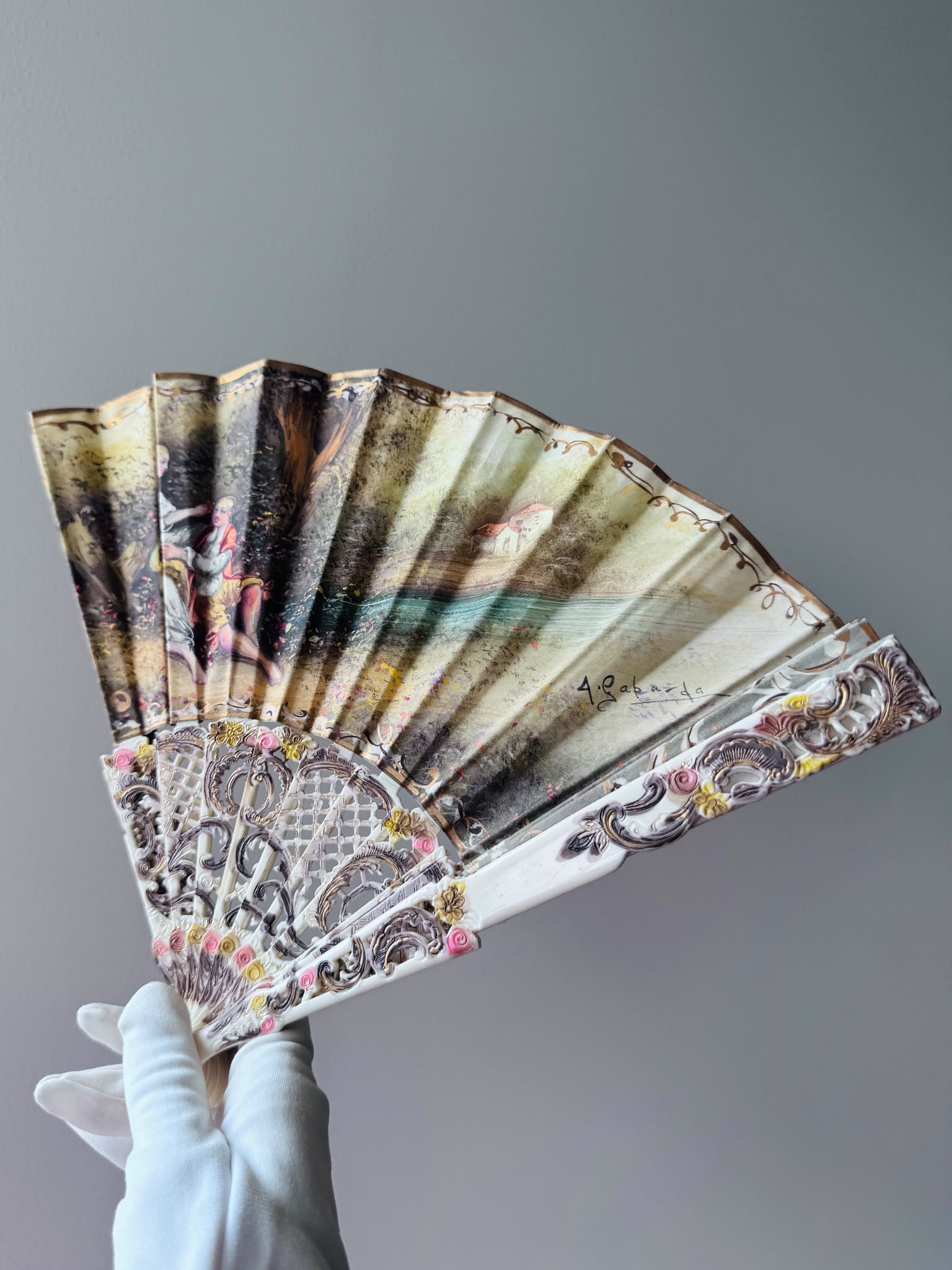 Antique c. 1890–1920 European Hand-Painted & SIgned Rococo Revival Folding Fan (MT2616)
